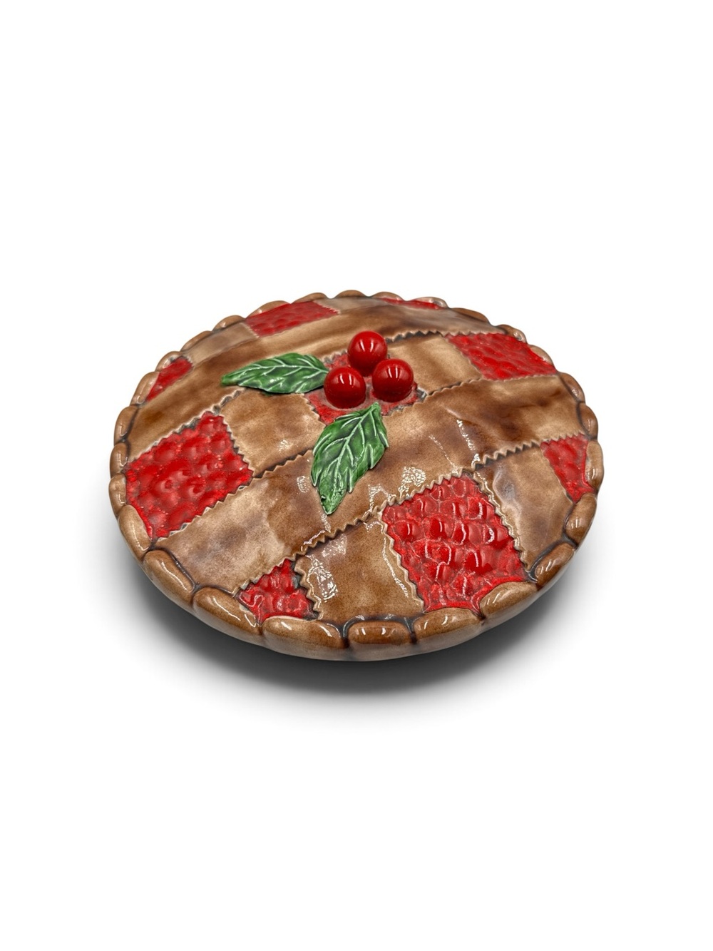 Vintage Portugal Ceramic Cherry Pie Keeper Covered Dish Cottagecore 11”